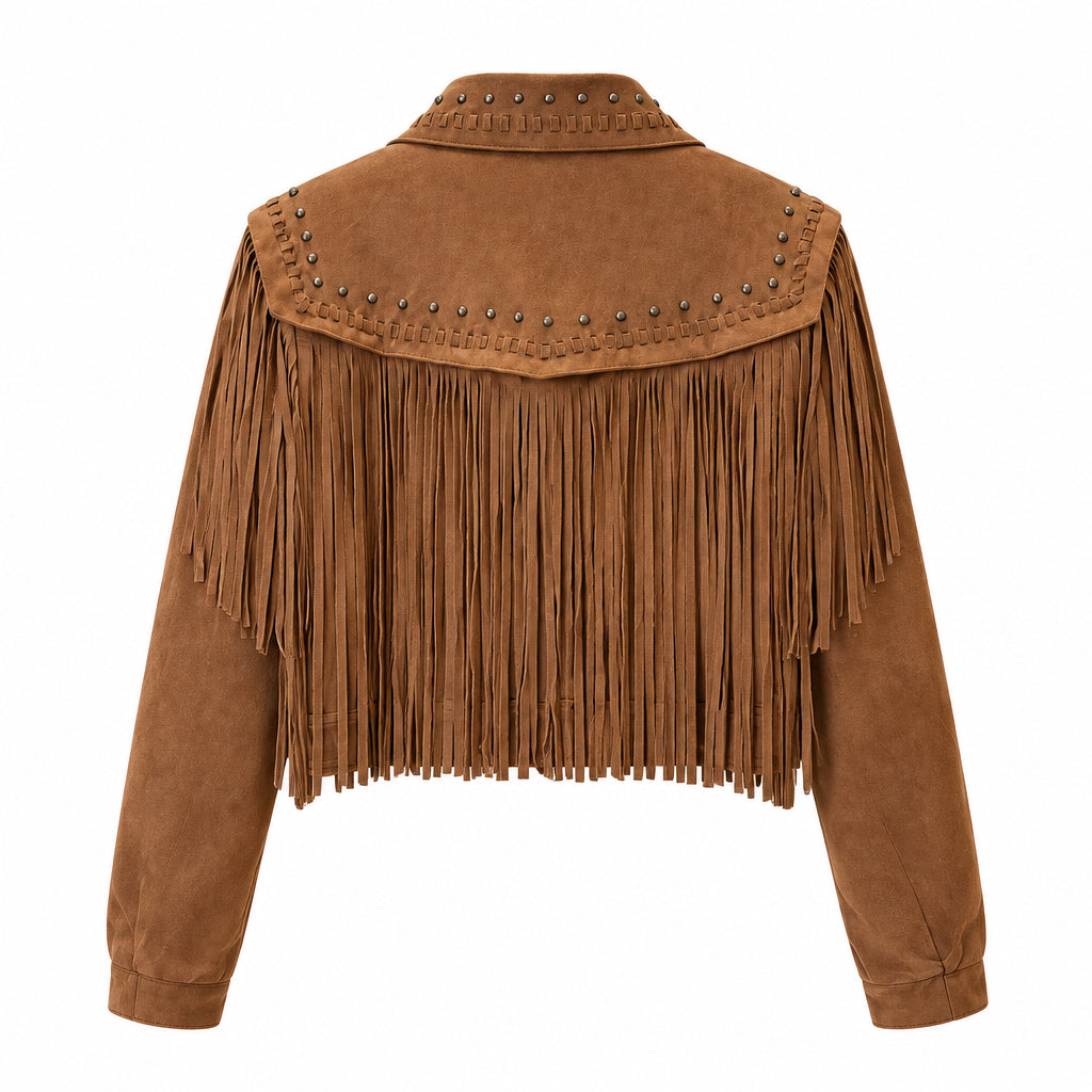 Blouson western LR2859 – veste courte femme en suédine camel avec longues franges sur le buste et le dos, rivets dorés et fermeture zippée, style bohème chic