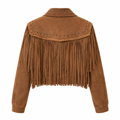 Blouson western LR2859 – veste courte femme en suédine camel avec longues franges sur le buste et le dos, rivets dorés et fermeture zippée, style bohème chic