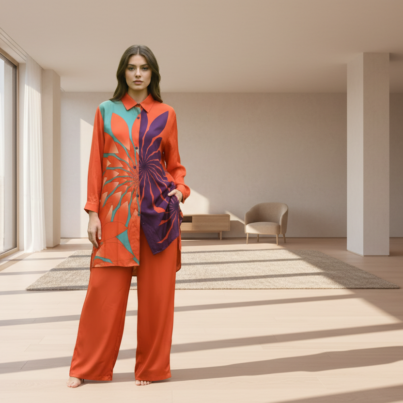 2259 ENSEMBLE SOIE L’ensemble fluide qui fait sensation ! ✨
Laissez-vous séduire par ce duo chemise longue et pantalon au motif floral. Une coupe aérienne, des couleurs vibrantes (orange, violet, turquoise) et un tombé soyeux pour un look chic