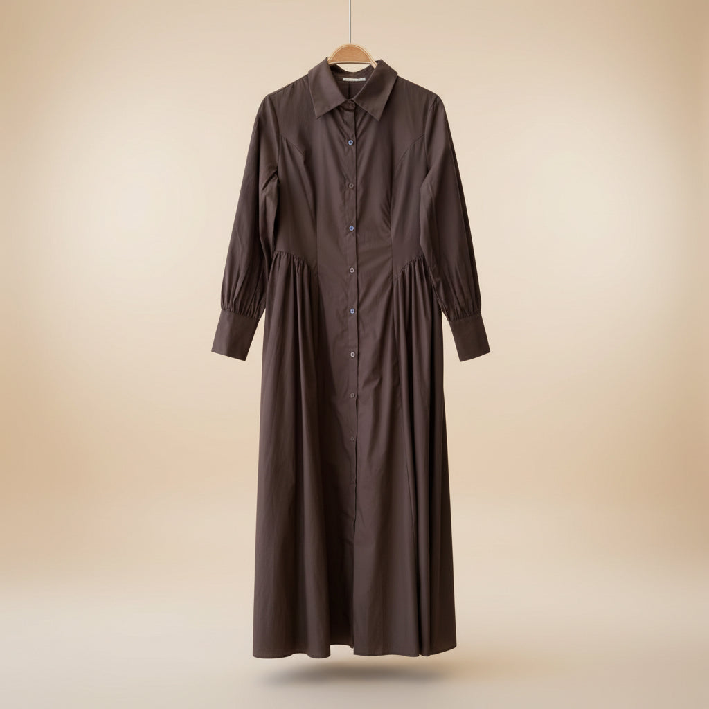 Robe chemise VA9013 – robe longue femme camel marron en matière extensible, col classique, boutonnage intégral, taille cintrée et jupe évasée plissée, style élégant pour la ville