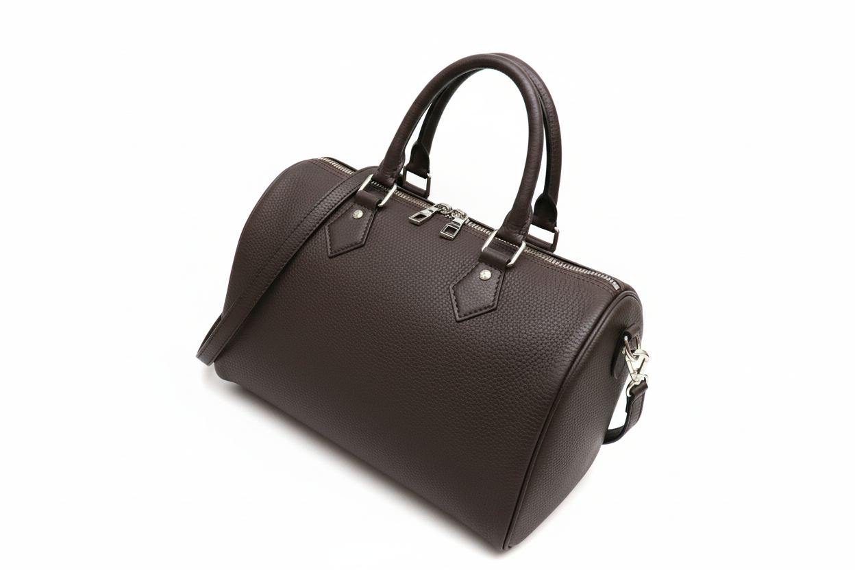 2728 sac rond en cuir grainé marron deux anses pour porter à la main et une bandoulière pour porter à l épaule