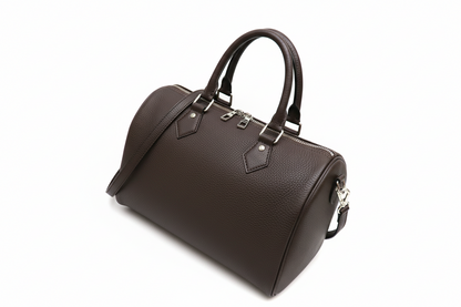 2728 sac rond en cuir grainé marron deux anses pour porter à la main et une bandoulière pour porter à l épaule