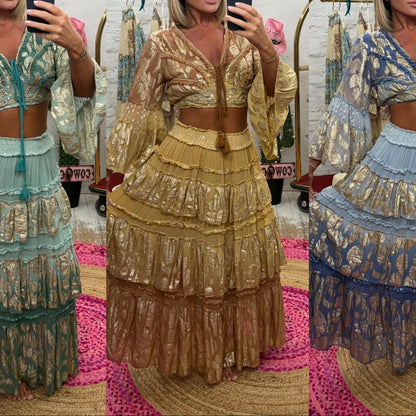 BOHEME CHIC ensemble 2 pièces TAILLE 36/40 PAP22 : crop top &amp; jupe longue à volants – imprimés dorés scintillants et finitions dentelle – 3 coloris d&