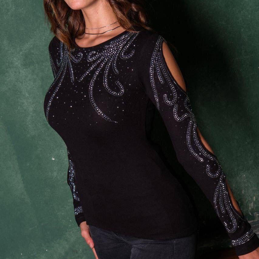 Top arabesques 2254 – haut femme en viscose et élasthanne, manches ajourées et motifs en strass argentés, coupe élégante pour composer une tenue chic avec un pantalon, une jupe ou un jean