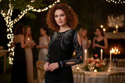 2254 Top Luxe 95% viscose 5% elasthanne ajouré sur les manches avec strass argent en arabesque pour une élegance éxceptionnelle