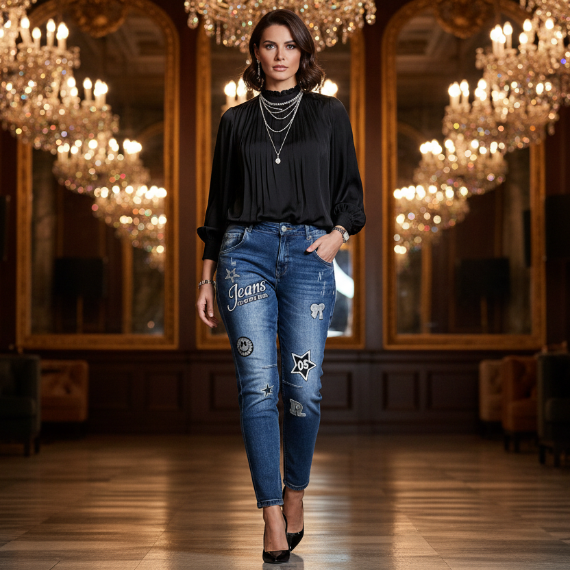 JEANS BOYFRIEND 8336  Customisé Style Streetwear 🌟 Denim Bleu Délavé à Patchs &amp; Écussons Étoiles | Coupe Décontractée Confortable &amp; Tendance | Parfait pour un Look Urbain Iconique – Collection Mode Femme 2026 🔥
