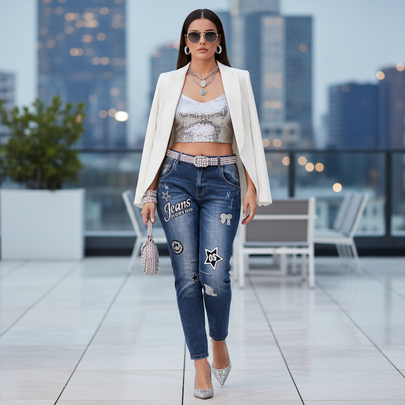 JEANS BOYFRIEND 8336  Customisé Style Streetwear 🌟 Denim Bleu Délavé à Patchs &amp; Écussons Étoiles | Coupe Décontractée Confortable &amp; Tendance | Parfait pour un Look Urbain Iconique – Collection Mode Femme 2026 🔥