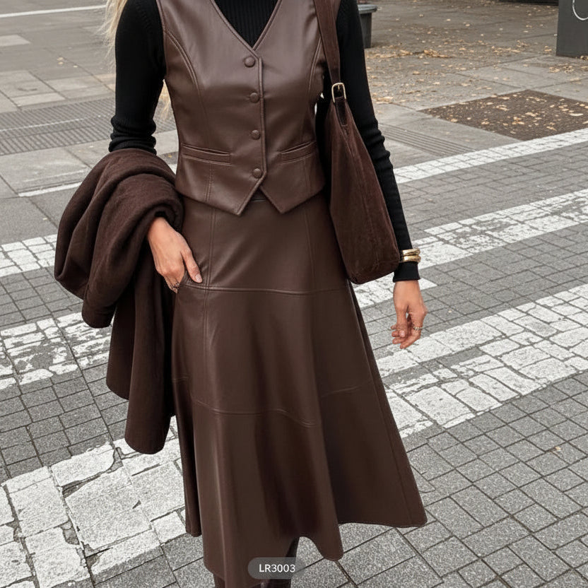 Ensemble chocolat LR3003 – tenue femme deux pièces en similicuir marron avec gilet sans manches boutonné et jupe longue évasée, silhouette élégante et moderne pour l&