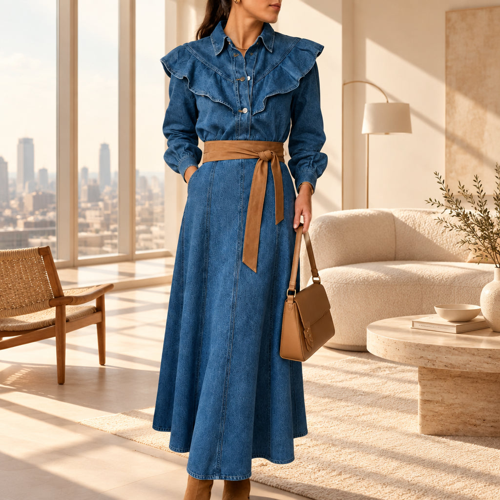 Jupe denim LR2981 – jupe longue femme en jean taille haute, coupe trapèze évasée et surpiqûres verticales, style bohème chic facile à associer avec une chemise