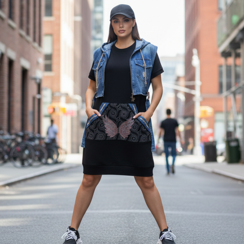 9217 TATU   Robe bi-matière avec capuche jeans style urbain chic, alliant une coupe ajustée flatteuse et des finitions travaillées. Une pièce moderne et tendance qui sublime la silhouette