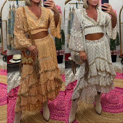 ENSEMBLE 2 pièces PAP70 BOHÈME : TU :  Croc top à froufrous, haut manches longues avec col incrusté de perles– imprimés dorés  ✨
