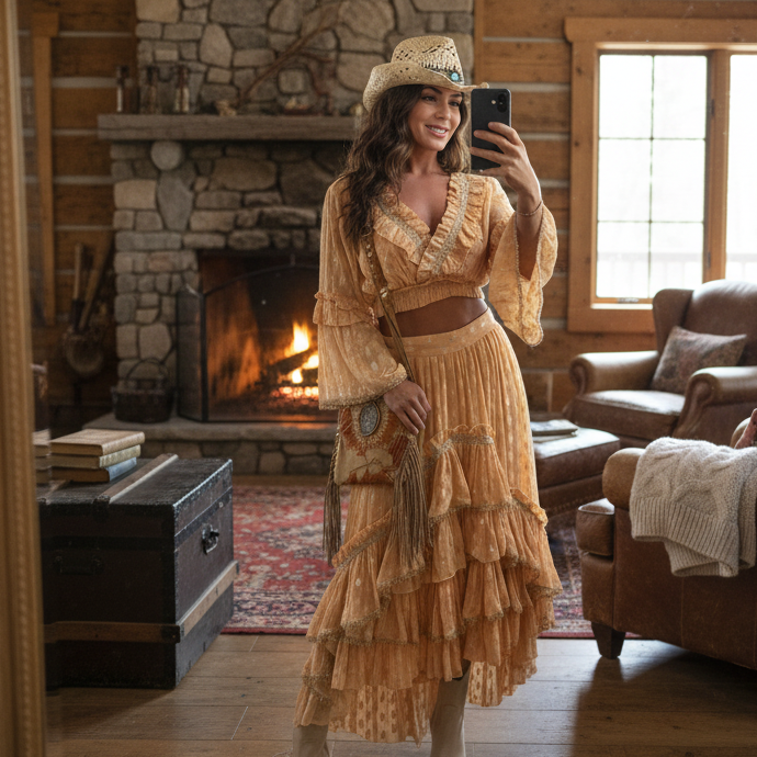 ENSEMBLE 2 pièces PAP70 BOHÈME : TU :  Croc top à froufrous, haut manches longues avec col incrusté de perles– imprimés dorés  ✨