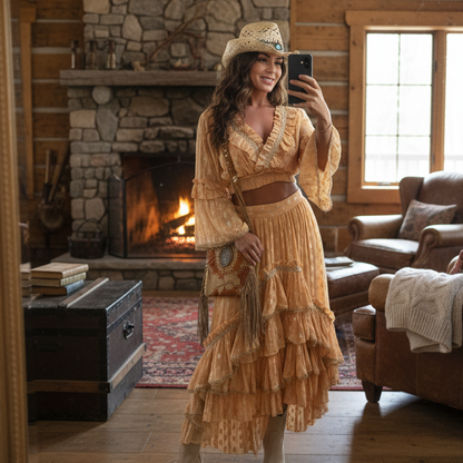 ENSEMBLE 2 pièces PAP70 BOHÈME : TU :  Croc top à froufrous, haut manches longues avec col incrusté de perles– imprimés dorés  ✨