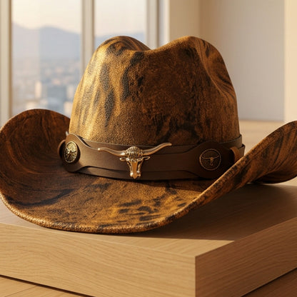 CP2 chapeau de cowboy western en feutre style country chic disponible en plusieurs designs motifs peau de vache audacieux ou finitions brodées élégantes avec ceinture bijou idéal pour soirée country et look bohème