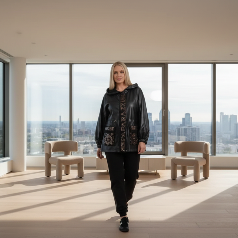 0030 PAPARAZZI Ensemble jogging trois pièces pantalon t-shirt et veste similicuir de qualité serrage par cordon au niveau de la taille tout l’ensemble est tourné des logos de la marque en strass dorés veste capuche