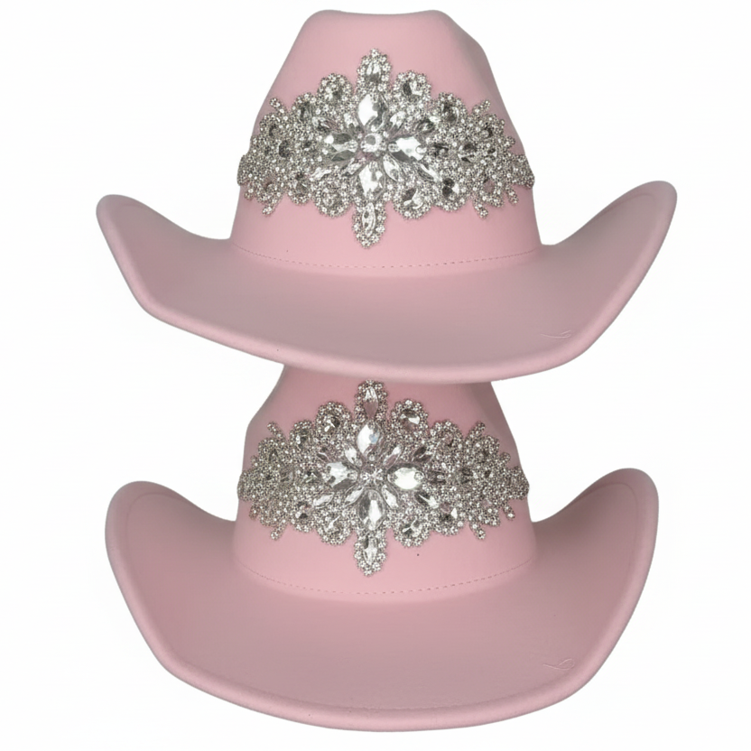 CHAPEAU  strass de cow-boy rose poudré en feutrine douce 908 avec broche luxueuse en strass argentés étincelants style barbiecore et country chic idéal pour soirée à thème anniversaire festival evjf ou look glamour