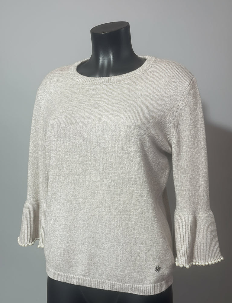 86036 Pull léger col rond manches volants avec détails de perles pour un style élégant