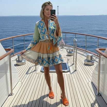 ROBE BOHÈME CHIC PAP74 ; Taille Unique :  Robe 🌵 look cowgirl moderne avec broderies ethniques &amp; manches évasées
