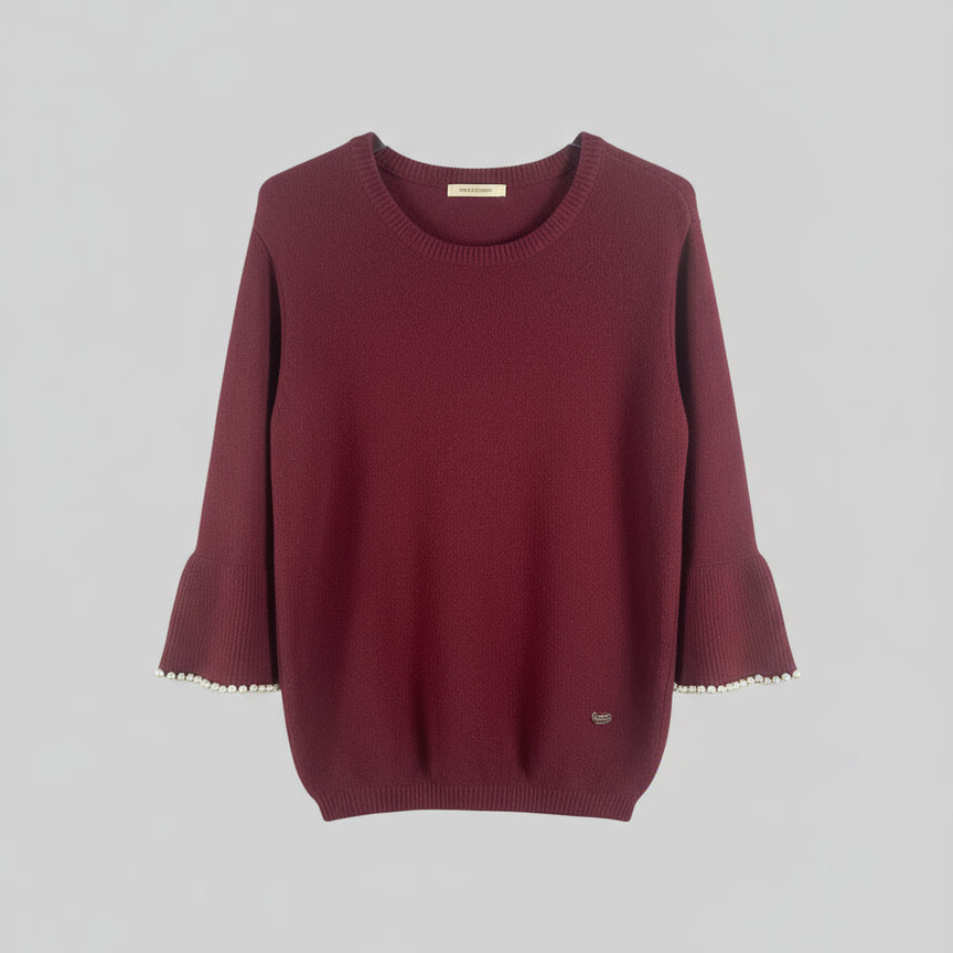 PULL 86036 léger col rond manches volants avec détails de perles pour un style élégant