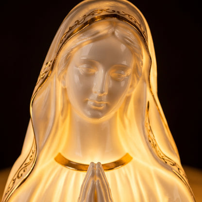 Lumière sacrée – Lampe Vierge Marie Notre-Dame de Lourdes 40 cm, veilleuse de chevet électrique à prise et interrupteur, statue lumineuse blanche et bleu turquoise, fabriquée à Lourdes et bénie