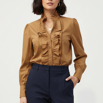 Chemisier volanté 32191 – blouse femme marron chocolat ou camel à col montant, volants sur le devant, manches longues bouffantes et poignets travaillés, style romantique pour la ville