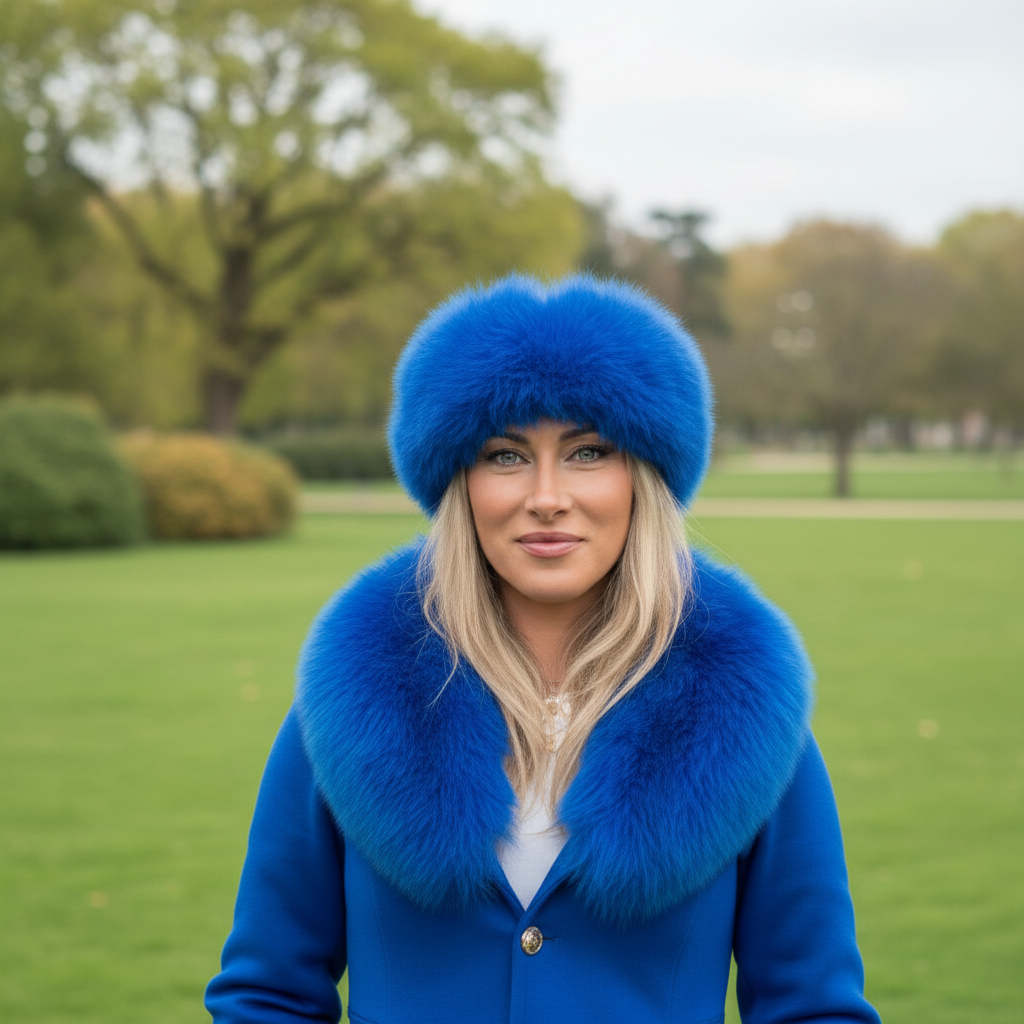 RUSSE toque et veste à col imposant style haute couture d exception bleu électrique en cachemire et véritable fourrure - - chaleur luxe et élégance royale