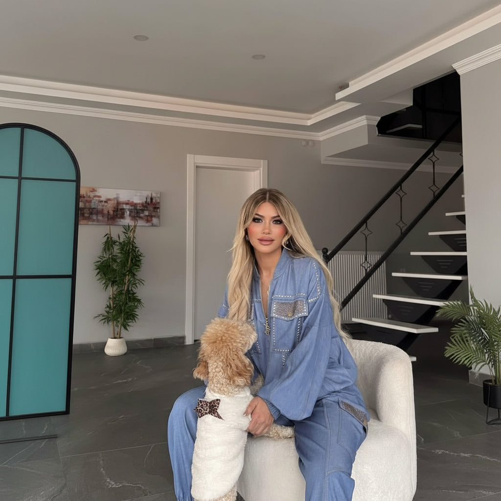 1048 tattu ensemble combinaison denim bleu clair premium style cargo chic avec détails strass étincelants coupe relax confortable tendance streetwear glamour outfit de luxe idéal printemps 2026