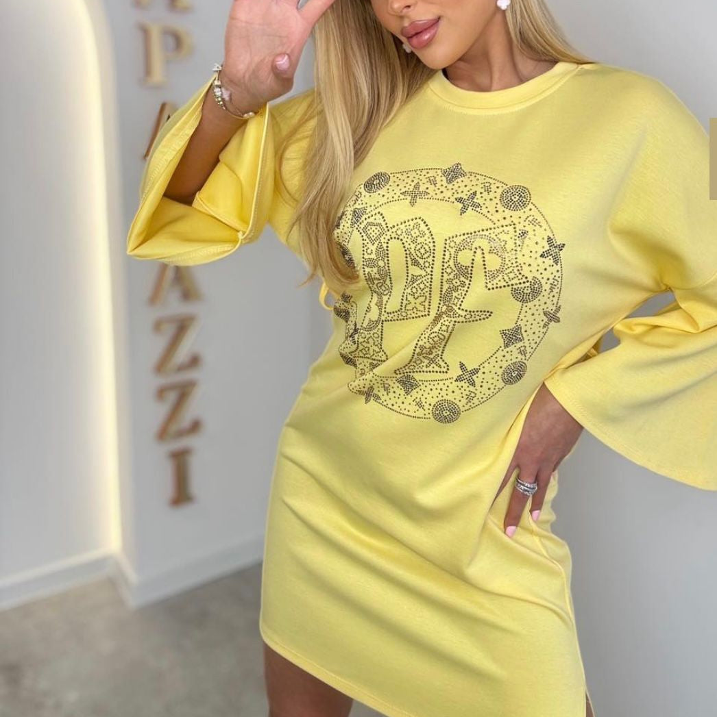 PAPARAZZI 109 Robe courte jaune soleil à motifs en Strass baroques et fleurs, Taille Unique,  robe d&