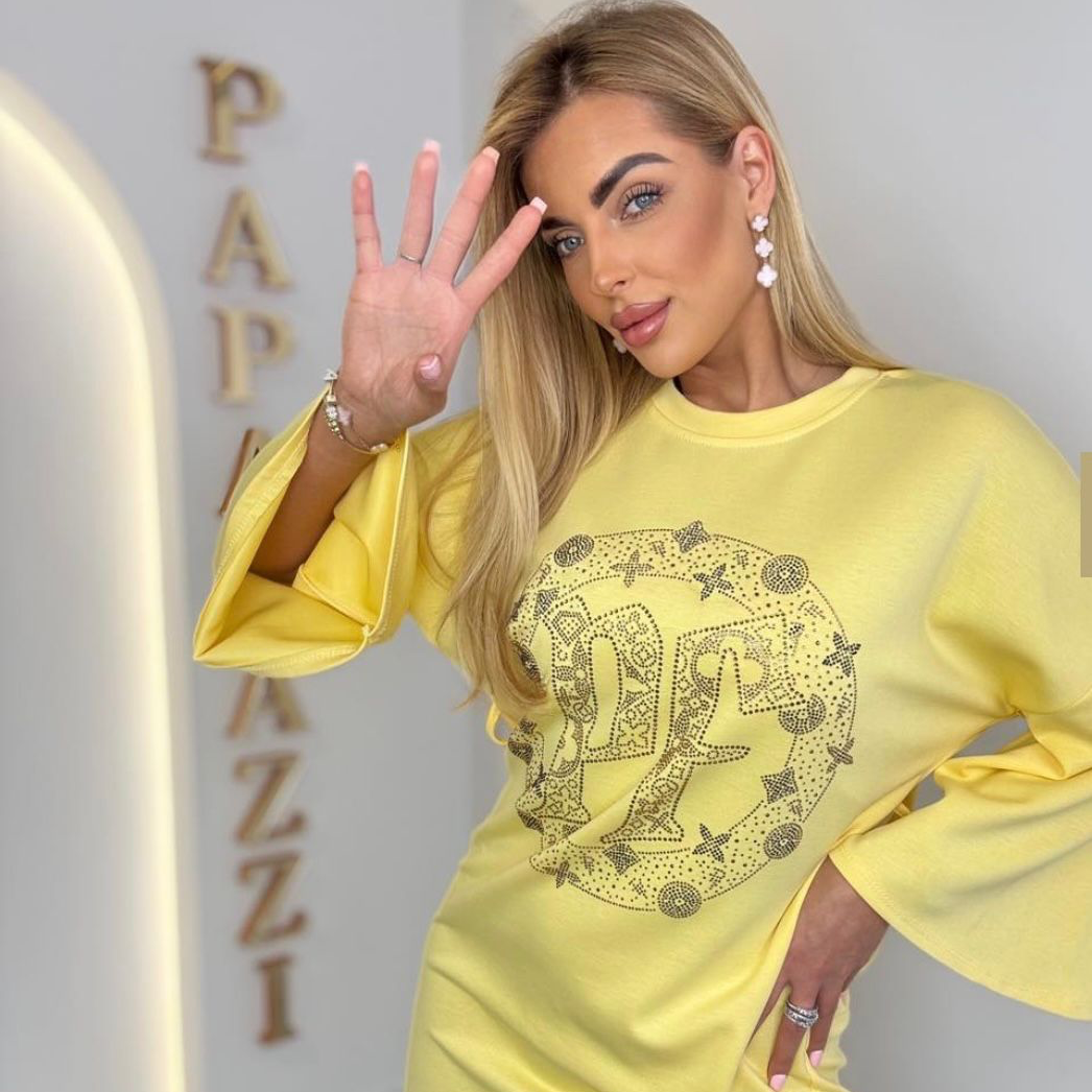 PAPARAZZI 109 Robe courte jaune soleil à motifs en Strass baroques et fleurs, Taille Unique,  robe d&