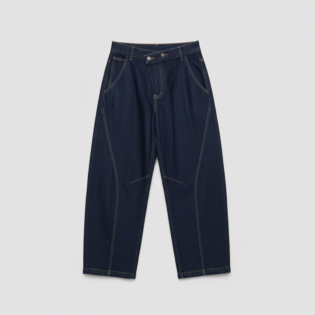Jean barrel YW1587J – jean balloon femme en denim brut sombre, taille haute asymétrique croisée, jambes larges arrondies et surpiqûres contrastées, style streetwear chic pour le quotidien
