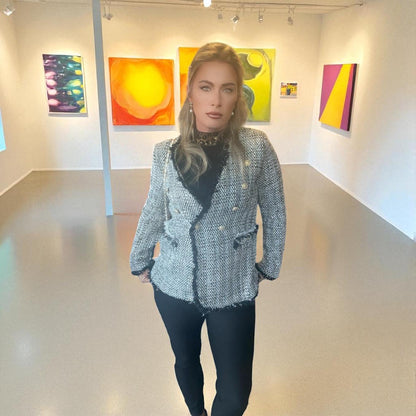 POPUP O29 Veste Blazer Blanche et Noire Demi Saison Double Boutonnage Liseré Noir Poches et Poignées pour Looks Semi-Formels