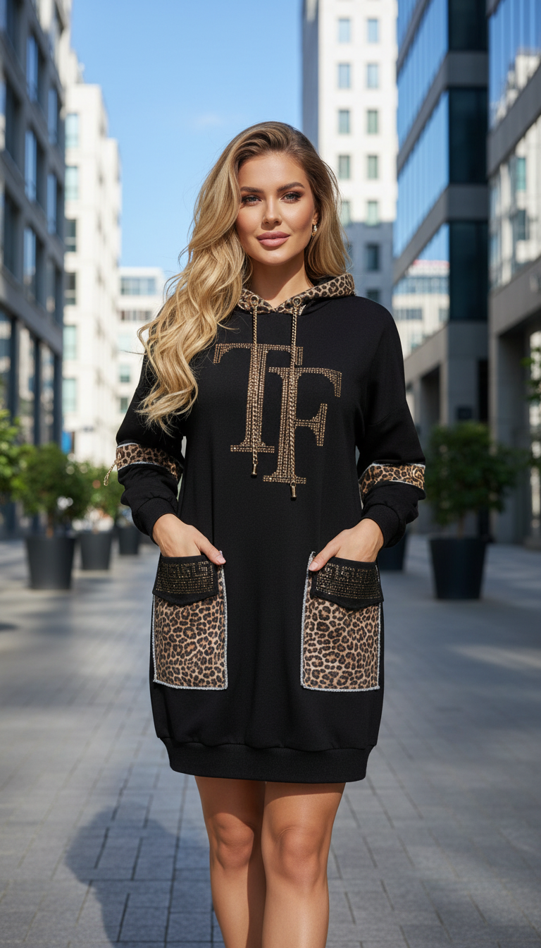 9194 TATU Robe sweat avec capuche poche et logo en léopard avec strass pour un style chic et confortable