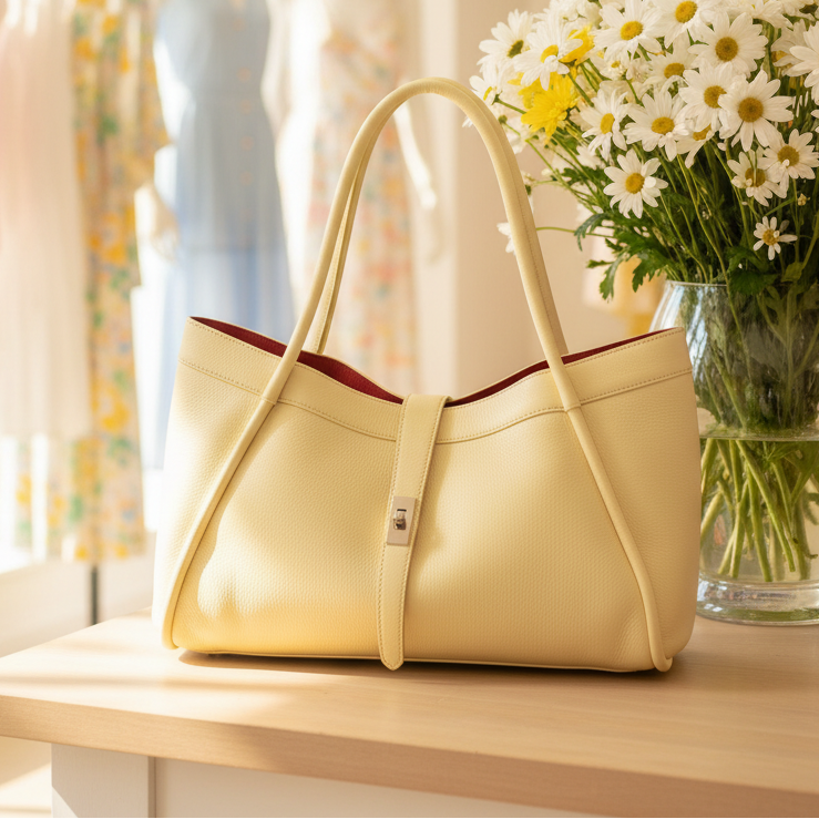 SAC A MAIN 5934 L’élégance intemporelle ces  sacs présentent un design radicalement différent : un cuir grainé, une forme trapèze souple, une fermeture par bride centrale avec un fermoir rotatif métallique et un intérieur contrasté    42cmL/24cmH/18cmP