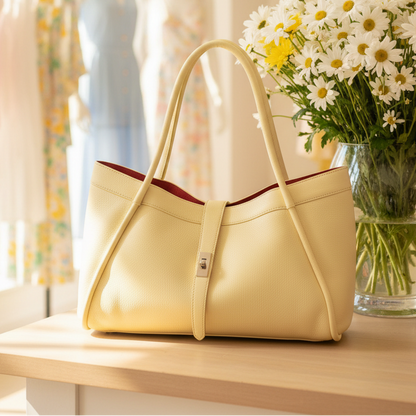 SAC A MAIN 5934 L’élégance intemporelle ces  sacs présentent un design radicalement différent : un cuir grainé, une forme trapèze souple, une fermeture par bride centrale avec un fermoir rotatif métallique et un intérieur contrasté    42cmL/24cmH/18cmP