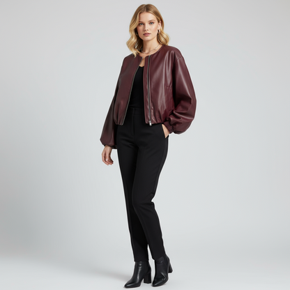 8612 Blouson forme boule en similicuir de très haute qualité élastique à la taille et aux manches avec fermeture éclair