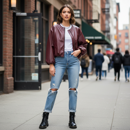 8612 Blouson forme boule en similicuir de très haute qualité élastique à la taille et aux manches avec fermeture éclair