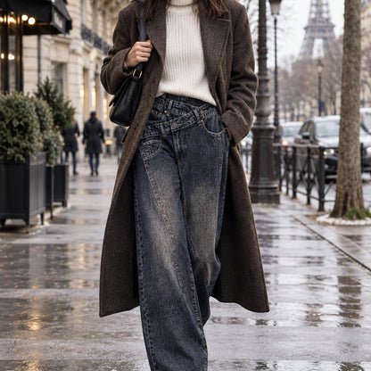 Jean asymétrique YW1670 – jean balloon femme gris noir délavé, taille croisée à boutons décalés, jambes amples et coutures apparentes, coupe urbaine originale pour un look tendance