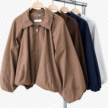 Veste oversize TT38056 – blouson court femme zippé à col rabattu, épaules descendues et manches bouffantes, coloris sobres selon disponibilité pour une tenue de mi-saison