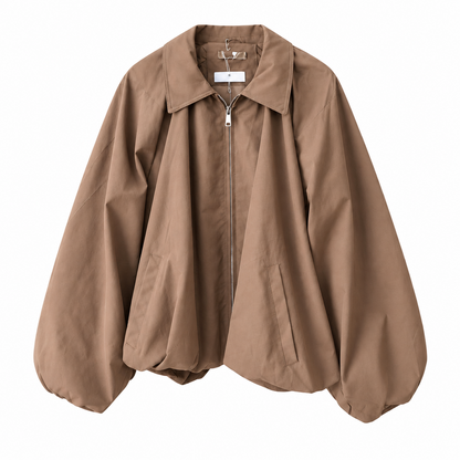 Veste oversize TT38056 – blouson court femme zippé à col rabattu, épaules descendues et manches bouffantes, coloris sobres selon disponibilité pour une tenue de mi-saison