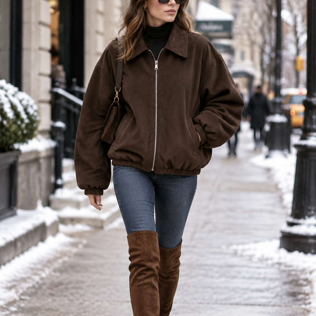 Veste oversize TT38056 – blouson court femme zippé à col rabattu, épaules descendues et manches bouffantes, coloris sobres selon disponibilité pour une tenue de mi-saison