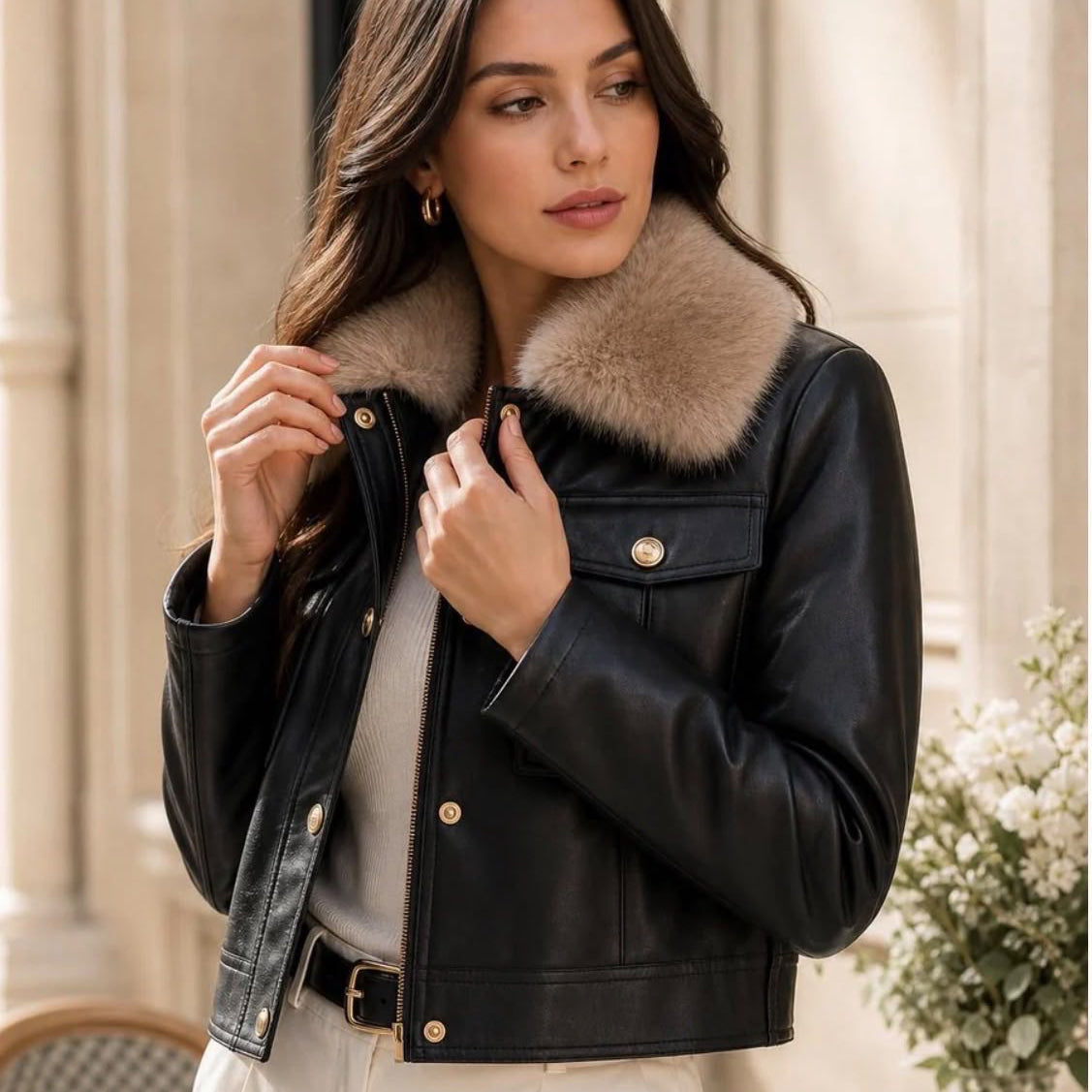 Blouson aviateur S5633 – veste courte femme en similicuir avec col en fausse fourrure, fermeture zippée et pressions dorées, poches à rabat, style chic pour l&