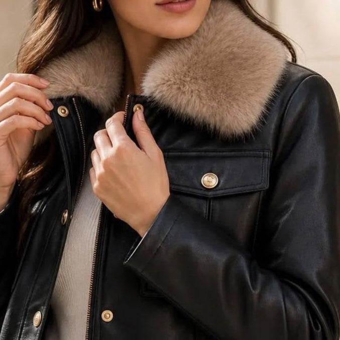 Blouson aviateur S5633 – veste courte femme en similicuir avec col en fausse fourrure, fermeture zippée et pressions dorées, poches à rabat, style chic pour l&