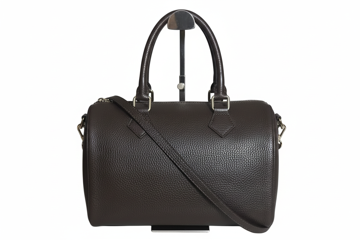 2728 sac rond en cuir grainé marron deux anses pour porter à la main et une bandoulière pour porter à l épaule