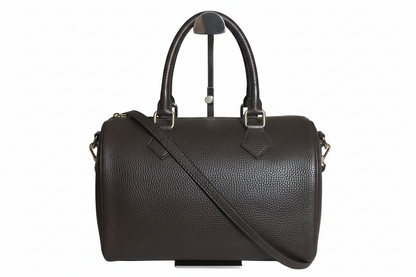 2728 sac rond en cuir grainé marron deux anses pour porter à la main et une bandoulière pour porter à l épaule