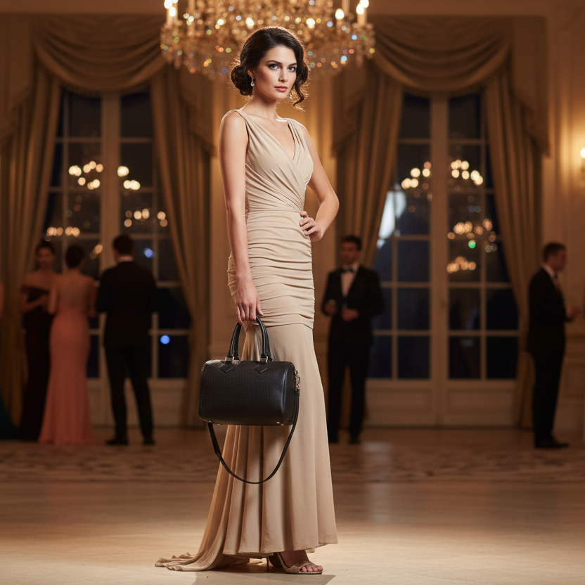 2728 sac rond en cuir grainé marron deux anses pour porter à la main et une bandoulière pour porter à l épaule