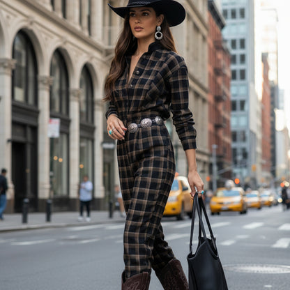 Combinaison tartan B10638 – combinaison pantalon femme bleu marine à carreaux bordeaux et moutarde, col montant boutonné, manches longues, taille ceinturée et poches latérales, style chic