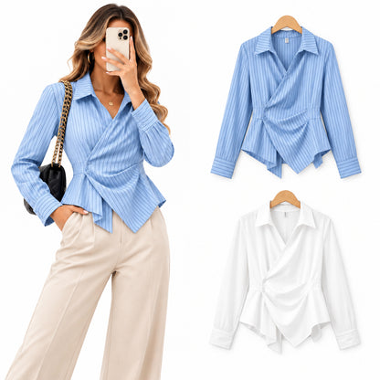 Chemise drapée L5880 – chemisier femme cache-cœur plissé à col classique, manches longues et taille cintrée, style chic pour le bureau et les sorties à associer avec un pantalon droit ou une jupe pour une silhouette habillée et moderne