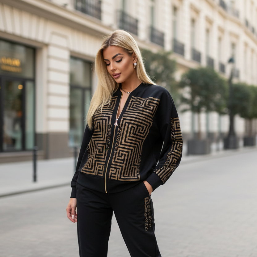 Paparazzi Fashion 0024 Jogging graphique femme deux pièces avec veste à motif géométrique et pantalon assorti resserré aux chevilles, ensemble confortable au style urbain pour les sorties et le quotidien