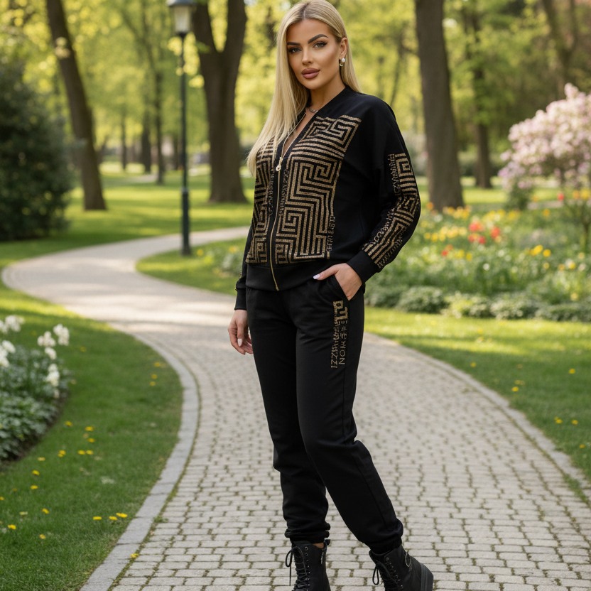 Paparazzi Fashion 0024 Jogging graphique femme deux pièces avec veste à motif géométrique et pantalon assorti resserré aux chevilles, ensemble confortable au style urbain pour les sorties et le quotidien