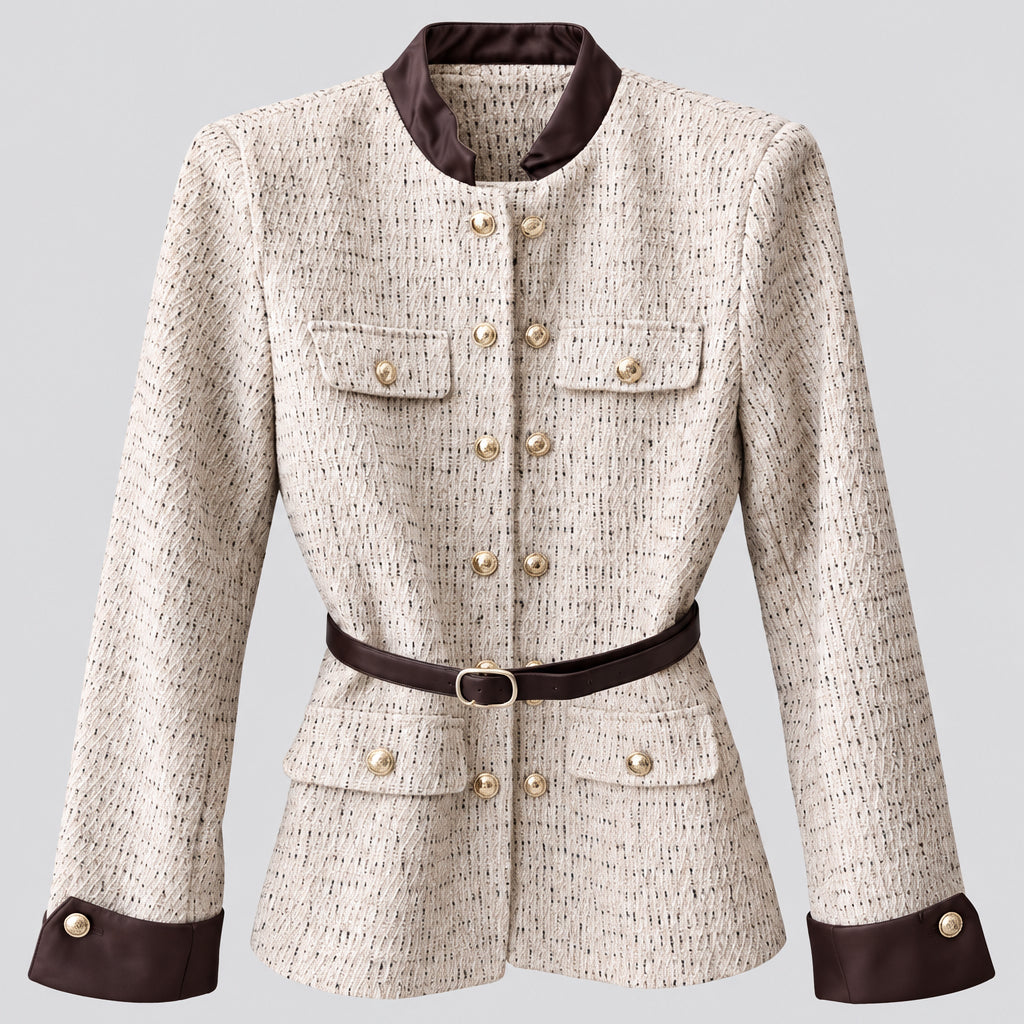 Veste tweed 51241 – veste femme cintrée avec ceinture à la taille, boutons dorés, poches plaquées et finitions contrastées, allure tailleur chic pour le quotidien